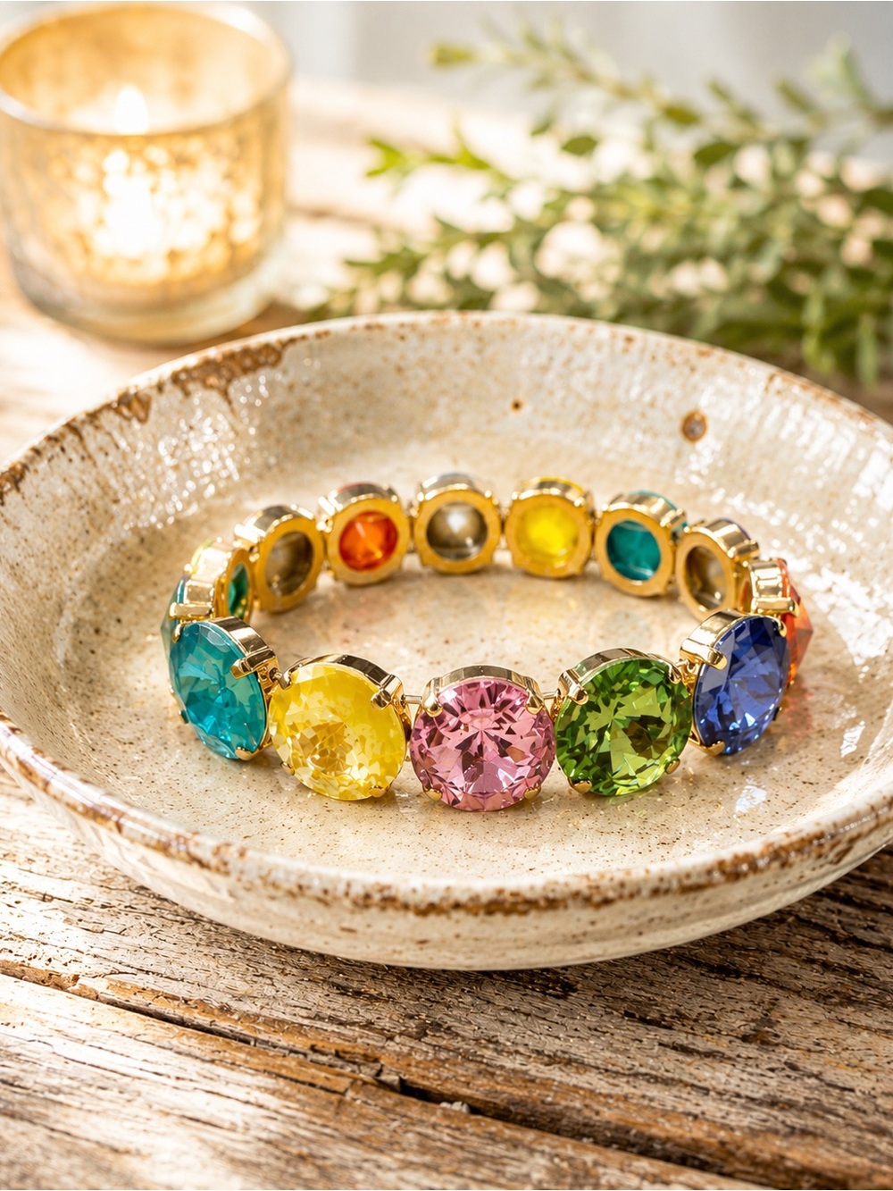 Handcrafted Rainbow Cup Chain Bracelet Swarovski Rivoli Crystal Multicolor W NWT